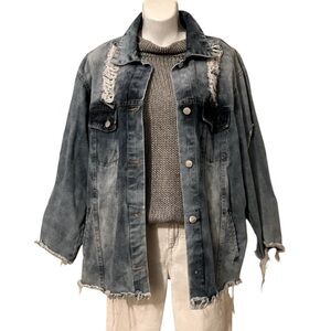 36•5 Distressed Raw Edge Oversized Denim Shirt Jacket Shacket Sz L